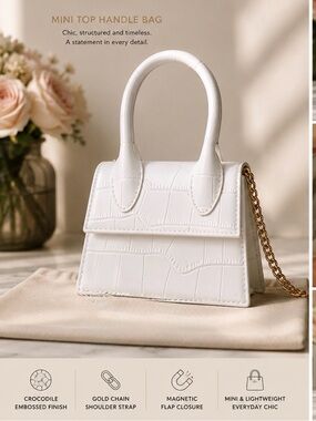White Mini Top Handle Bag with Gold Chain